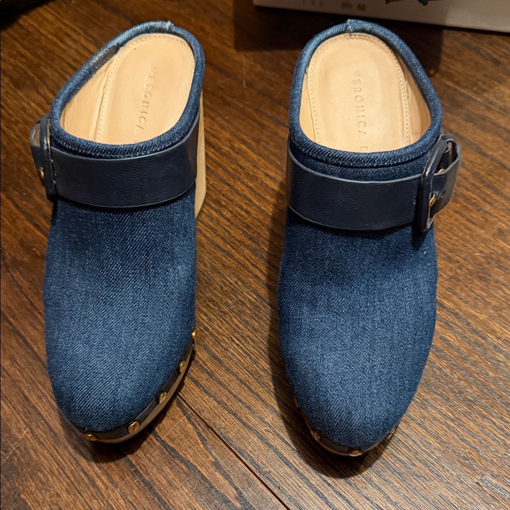 Veronica Beard Navy Denim Clogs with Buckle